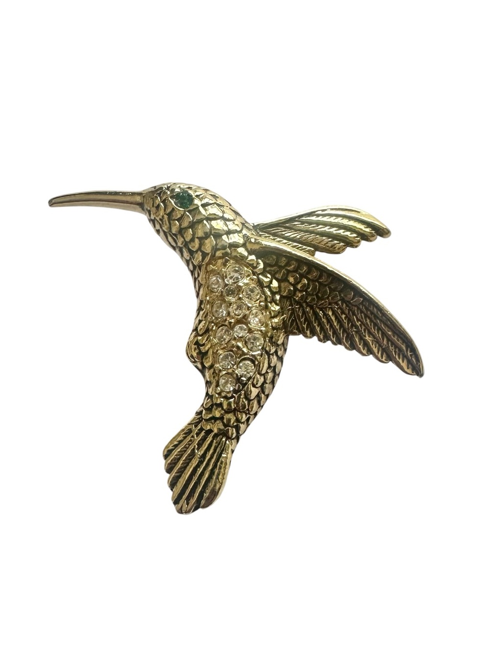 Gold Hummingbird Brooch Pin with Clear Crystals